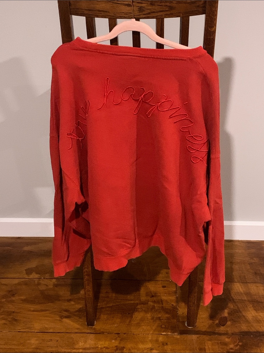 Women’s Red Pullover Sweatshirt - Embroidered 'Happiness' Detail